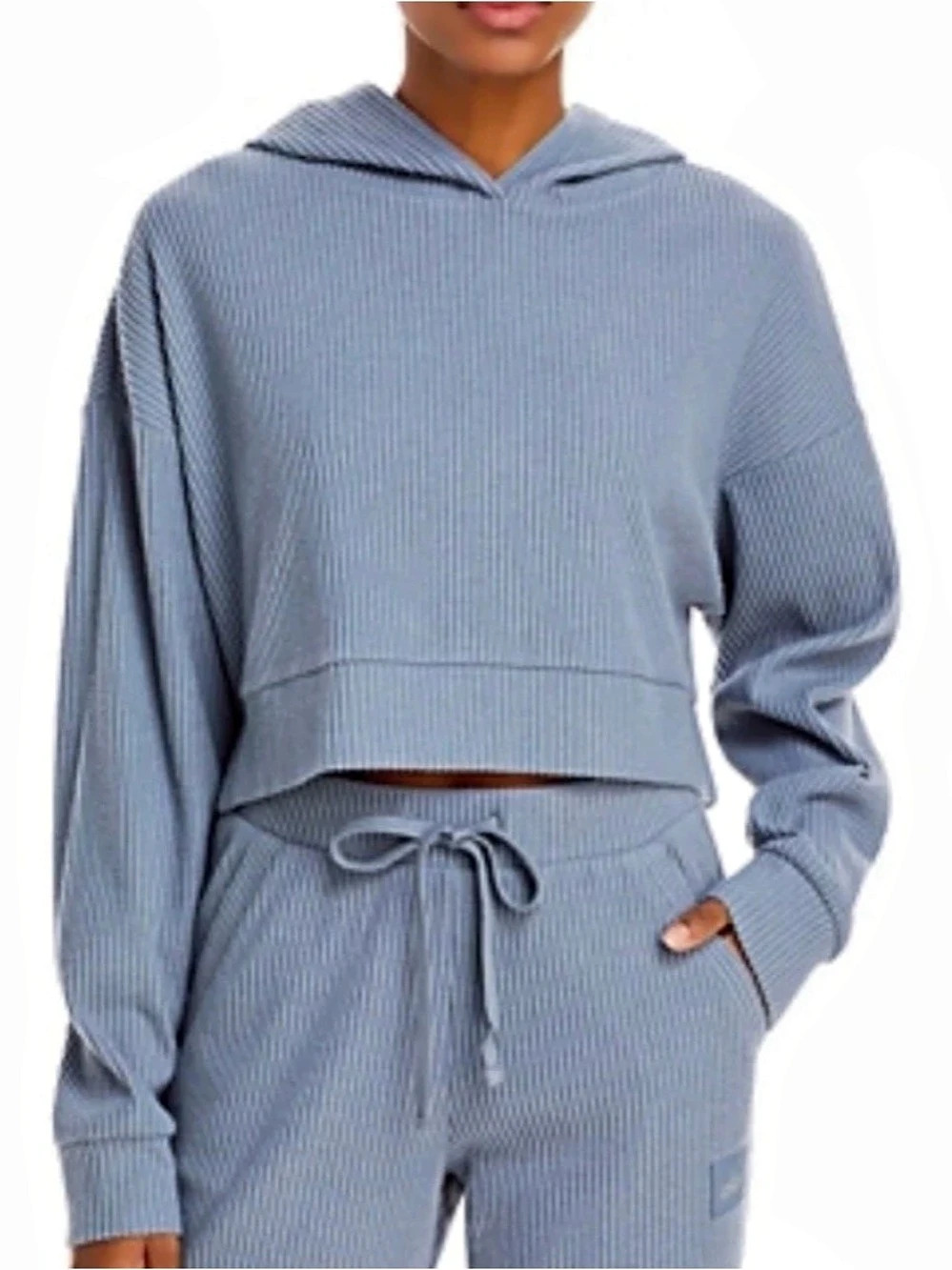 Alo Ribbed Cropped Hoodie in Blue Size XS Like New